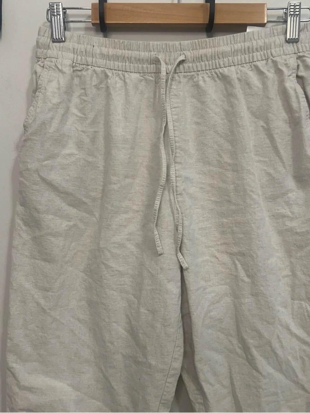 H&M Women’s Straight Leg High Waisted Drawstring Linen-Blend Pants - Cream